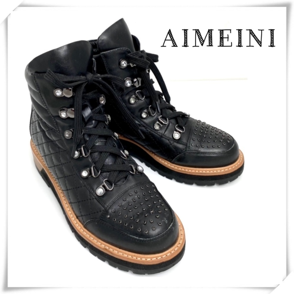 Am AImeini Studded Lace up Lambskin Leather Biker Boot in Black